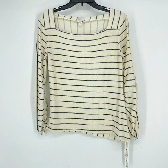 Anthropologie T-Shirt Women’s Sz S Pullover Boat Neck Ribbed Sleeves Cream/Navy - Picture 1 of 10